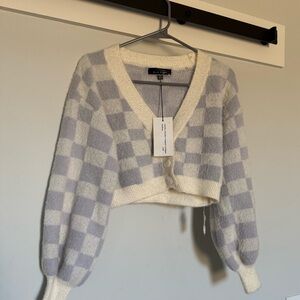 Blue Blush Cream and Gray Checkered Cardigan NWT